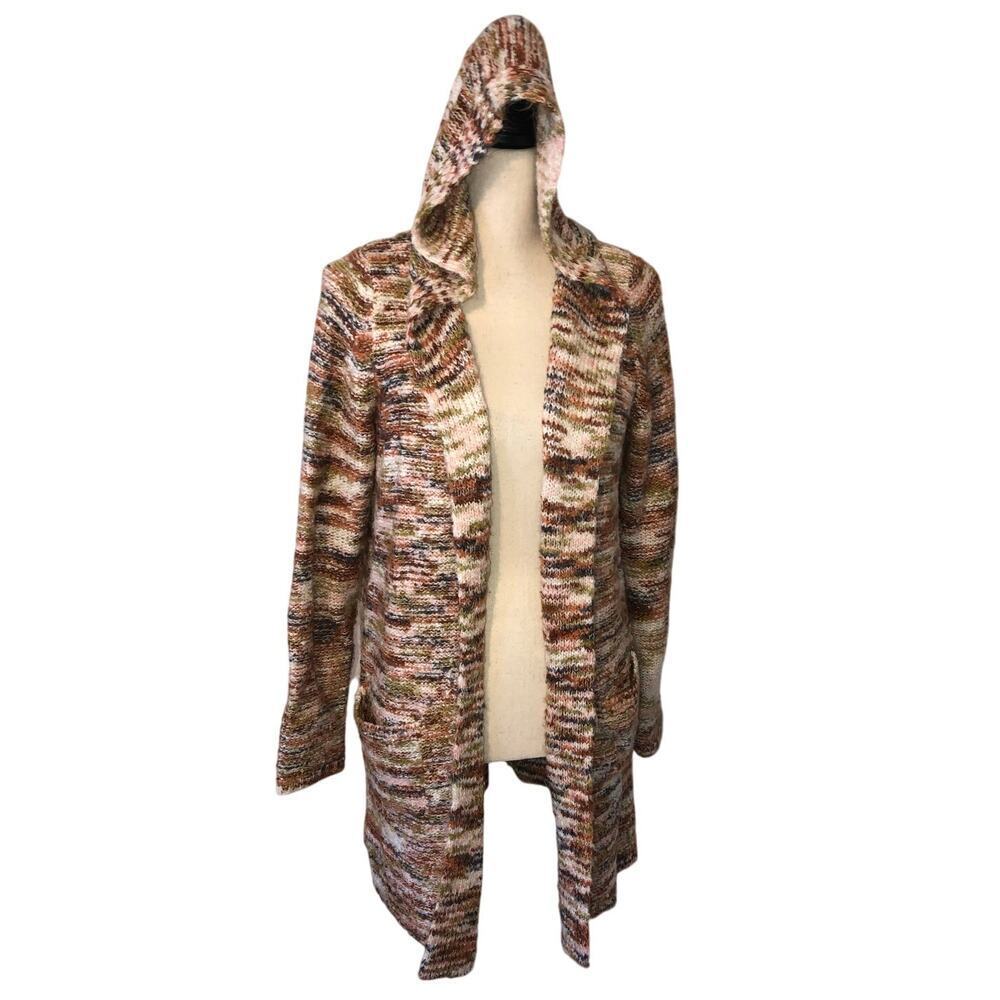 Hooded Sweater Size M Open Cardigan Multi Color Earth Tones Pockets Long Cozy
